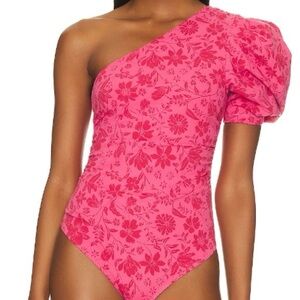 Free People Somethin' Bout' You Hot Pink Floral One Shoulder Bodysuit
